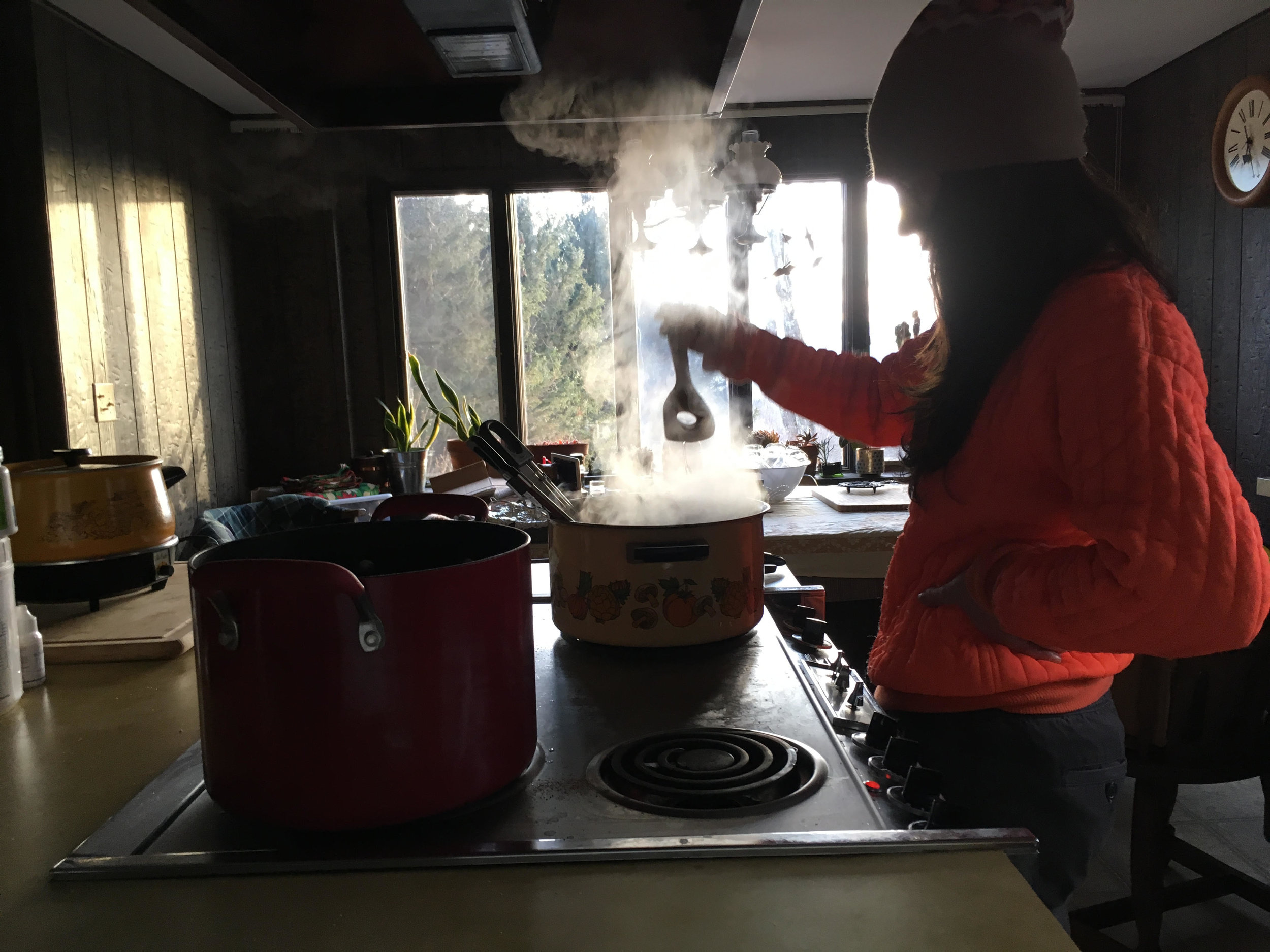 Finishing boil of Maple Syrup to 220 degrees.